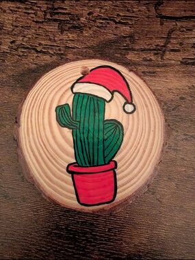 Hand Crafted Christmas Ornament Cactus Santa Wood Slice Hand Painted